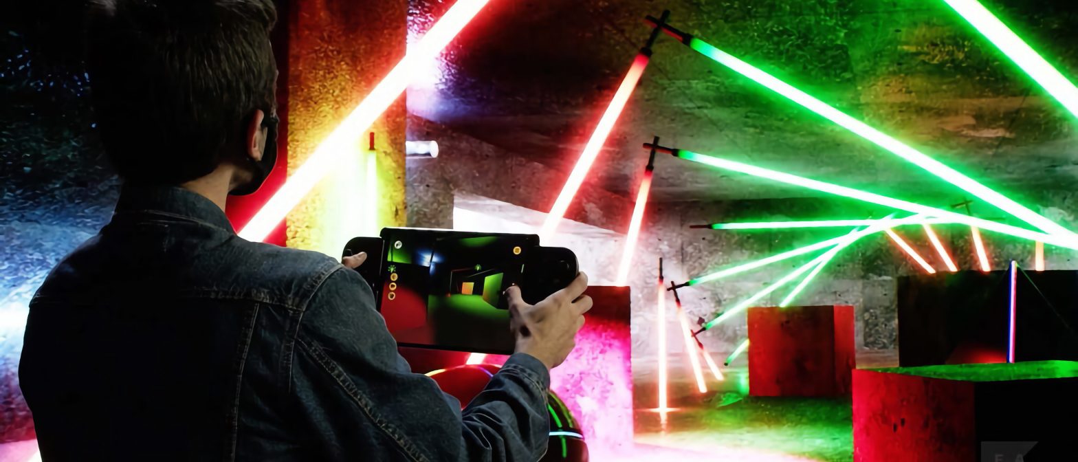 Photo collage of person viewing neon tubes