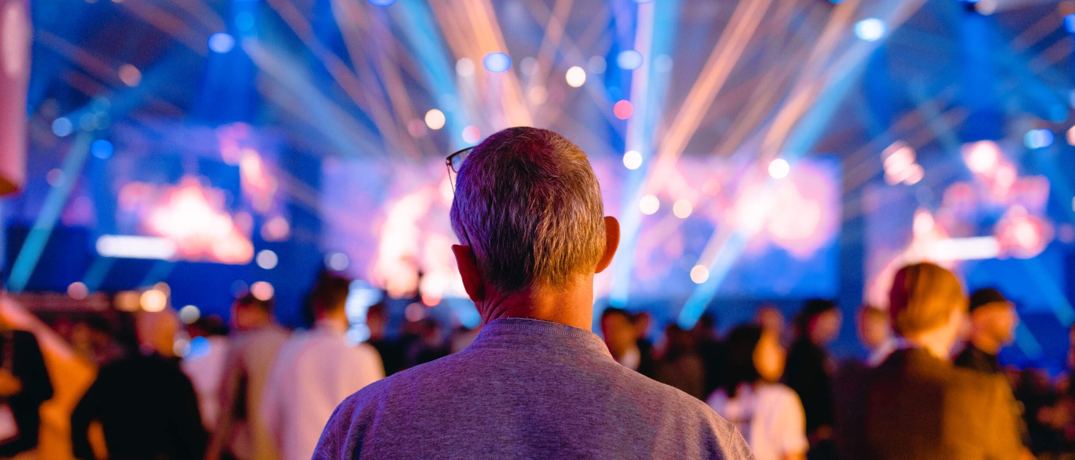A person shown from behind viewing a presentation